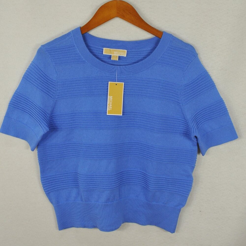 Share MICHAEL KORS Women's Sweater L Short Sleeve Ribbed Crew Blue Knit Blouse T